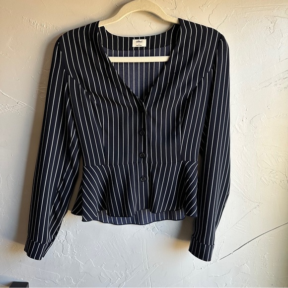 Aritzia Tops - Aritzia Wilfred Sabina Pinstriped Peplum Top Navy and White Striped Size 2
